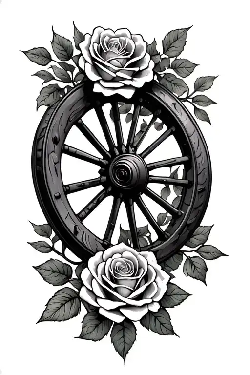 broken wagon wheel with roses intertwined tattoo design idea