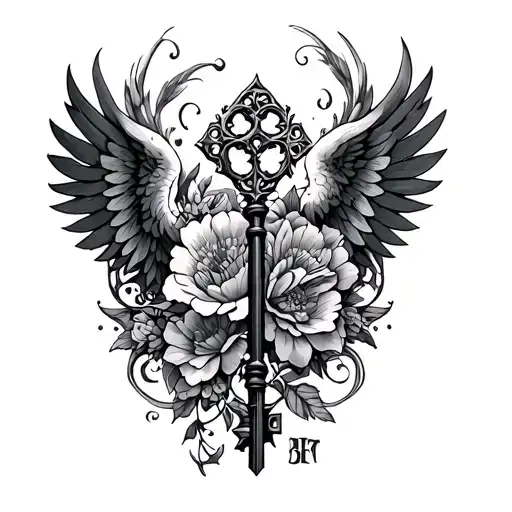 gothic, harry potter, floral pattern, winged key tattoo design idea