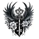 gothic, harry potter, floral pattern, winged key tattoo design idea