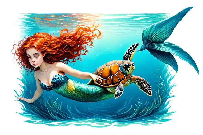 Mermaid with red hair with a sea turtle swimming tattoo design idea