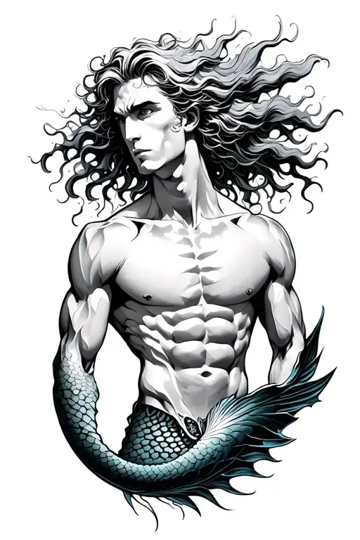 merman muscly flowing hair long fins black and grey tattoo design idea