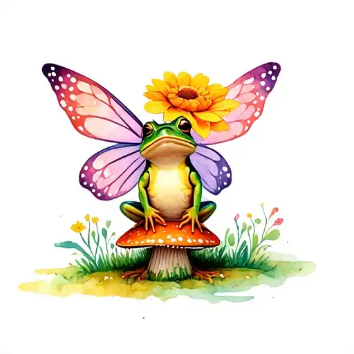 A frog with fairy wings on its back sitting on a toadstool with a flower in its head tattoo design idea