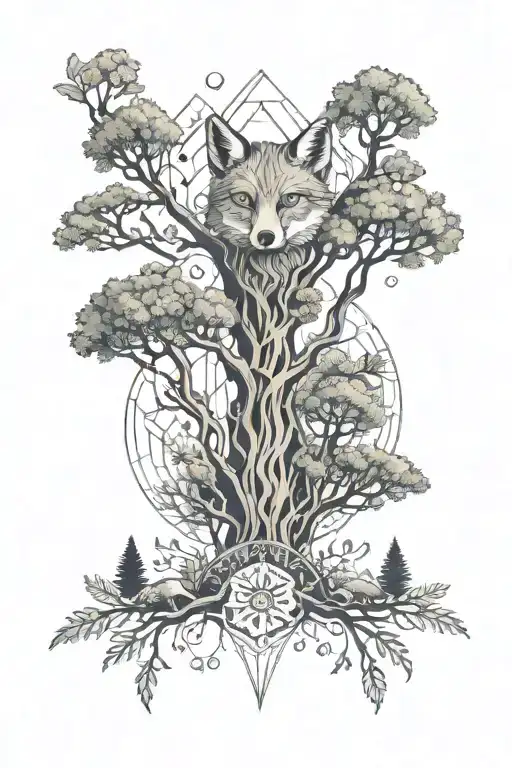 cedar tree, plants intertwined,  mushrooms, mandala, whimsical, fox tattoo design idea