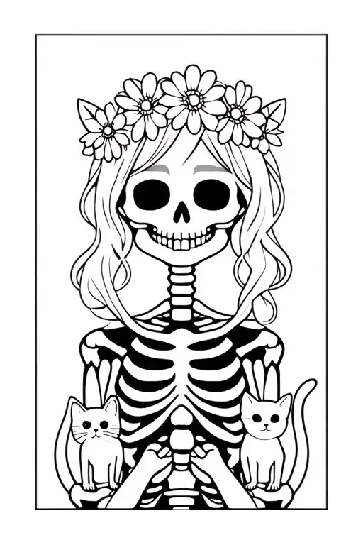 A cute female skeleton wearing a flower crown with two cute cats in her hands.  tattoo design idea