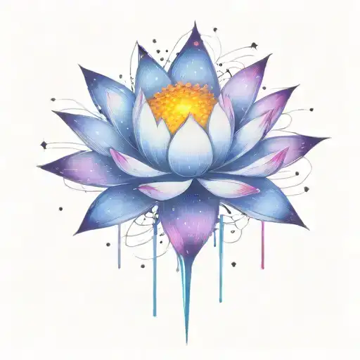 deep space themed objects and orbiting stars with trajectories around the lotus. dark colors, lexploding star in center  tattoo design idea