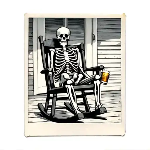 Polaroid picture with Skeleton sitting in a rocking chair on a southern porch drinking a beer tattoo design idea