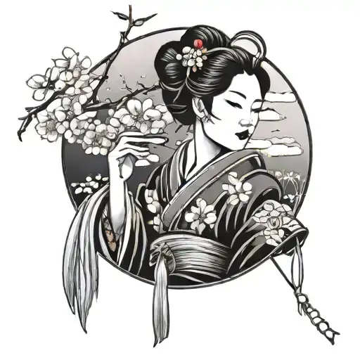 Incorporate a traditional Japanese geisha holding a cherry blossom branch in one hand and the red string of fate in the other tattoo design idea