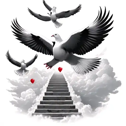 4 doves flying in clouds with steps leading to heaven with 2 dates for each dove tattoo design idea
