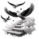 4 doves flying in clouds with steps leading to heaven with 2 dates for each dove tattoo design idea