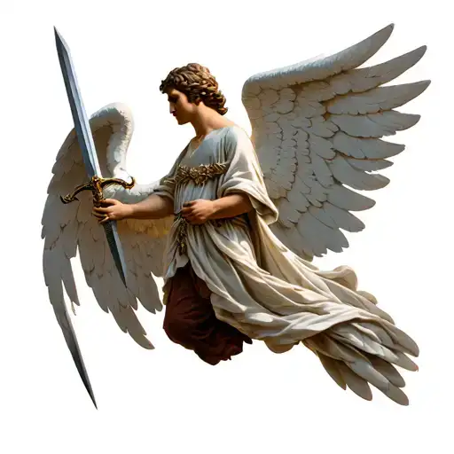 strong guardian angel standing with sword and wings spread tattoo design idea