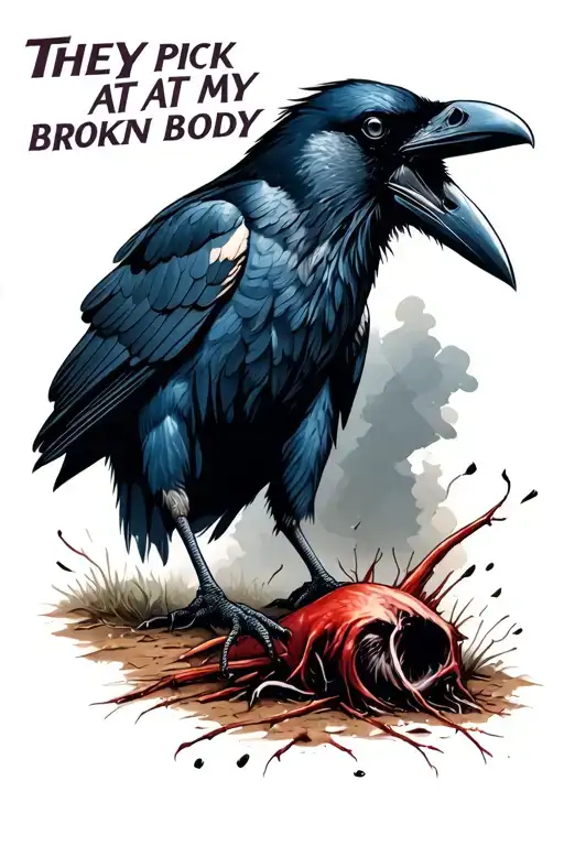 The text" They pick at my broken body" and an image of a raven picking at a roadkill tattoo design idea