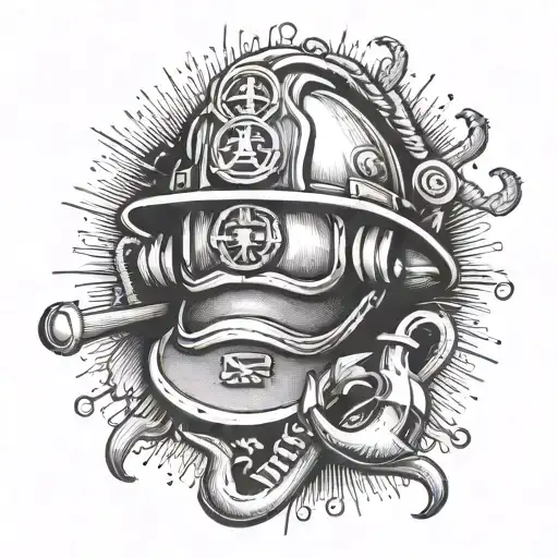A dotwork tattoo of a firefighter's helmet with a musical note and anchor, representing your dedication to both firefighting and the navy tattoo design idea