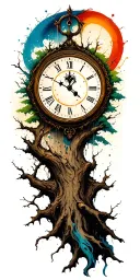 clock face incorporated on tree tattoo design idea