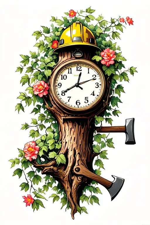 A tree trunk, with the clock hanging with vines growing up and around the clock with flowers. A saw or hardhat and axe o tattoo design idea