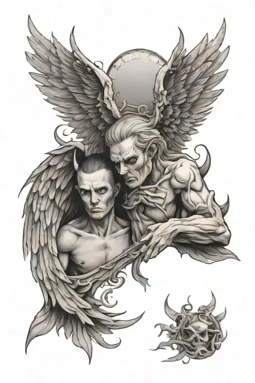 split in half image angel and devil, wings tattoo design idea
