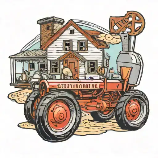 A tattoo with the name "Sanford" with a schoolhouse, farmall tractor, mule-drawn plow, and three crosses  tattoo design idea