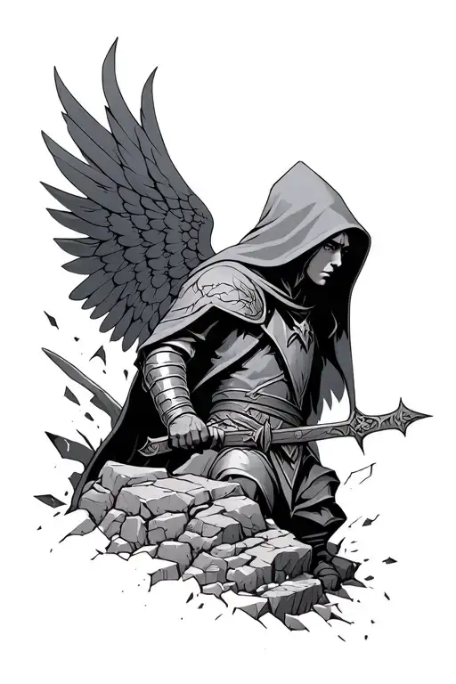 Black-and-grey tattoo design of a hooded angelic warrior emerging from cracked stone. The figure has a solemn, calm face tattoo design idea