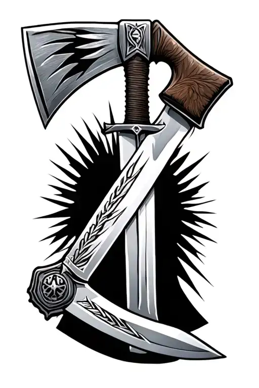 an indian tomahawk crossed with a large bowie knife tattoo design idea