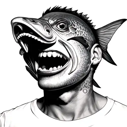 man with a fish head facing the sky with big lips  tattoo design idea