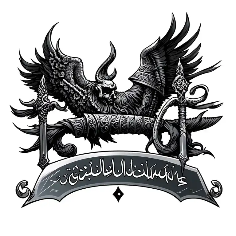 dagger with gods warrior in Arabic on the blade, with the hand guard that says finesse tattoo design idea
