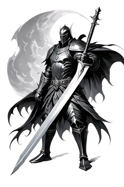 dark fantasy knight holding a sword tattoo design idea