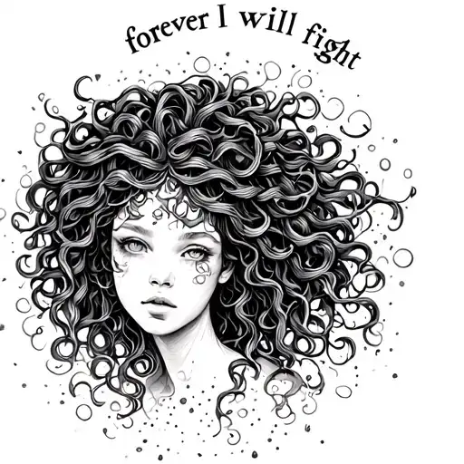 "forever I will fight" Medusa girl with messy thoughts who is having a hard time and has lost the will to live but sees the sun and the light tattoo design idea