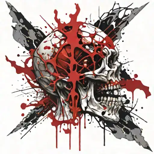 White Dkull, Cracked, Bloody, No Jawbone, no bottom teeth, melting, decrepit Dark red blood, tattoo design idea