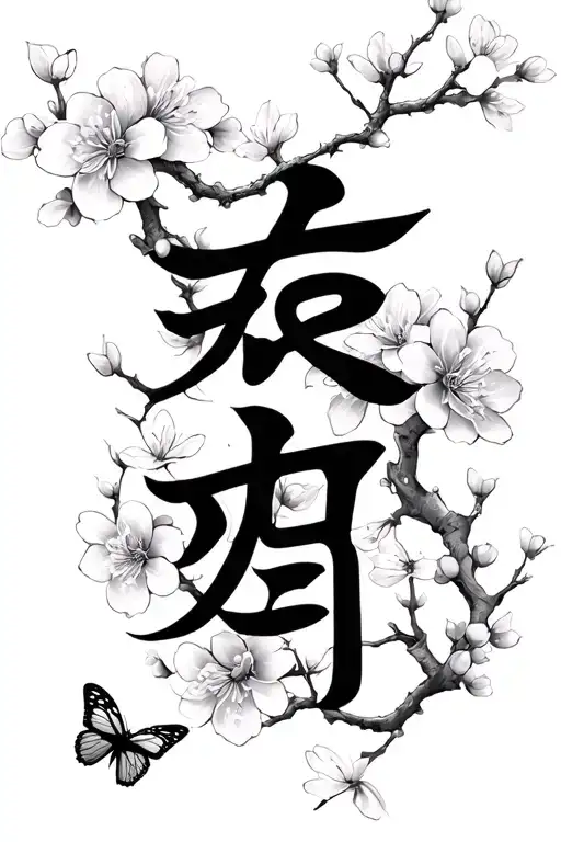 peace prosperity and happiness in chinese with cherry blossoms and butterflies  tattoo design idea