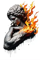 I want a design that turns from flame to marble statue from the wrist to elbow and leaked from the broken places. tattoo design idea
