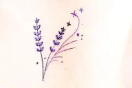 small line tattoo with thin lavender and small stars, colored tattoo design idea