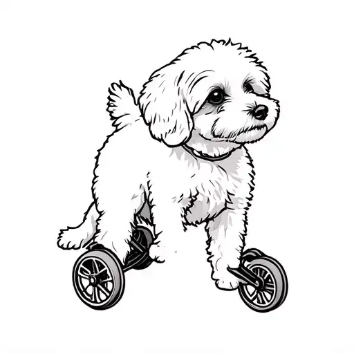 white cockapoo with 2 walking wheels for back legs tattoo design idea