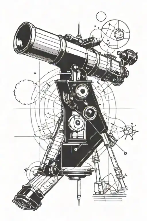 A minimalist blackwork tattoo of a telescope looking out into space, with subtle nods to Einstein's theory of relativity and Tesla's inventions tattoo design idea