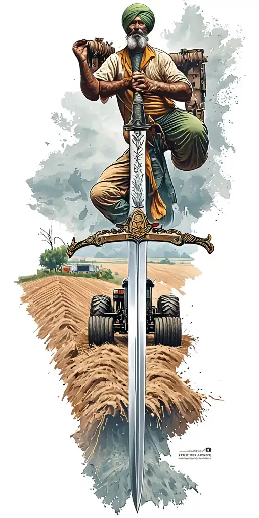 Tractor Plowing, Punjab map with a sword tattoo design idea