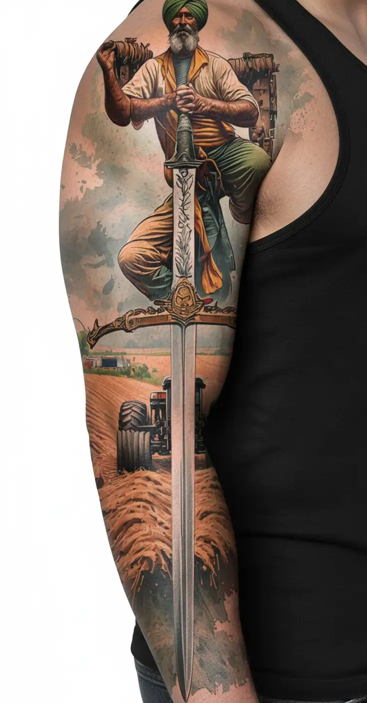 Tractor Plowing, Punjab map with a sword tattoo design idea