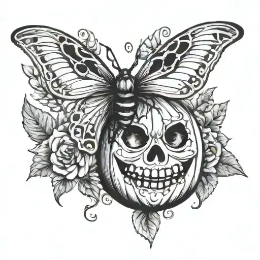 Halloween pumpkin flower mothman pinup tattoo design idea