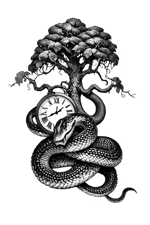 Leg tattoo of snake wrapped around a poison tree holding a clock tattoo design idea