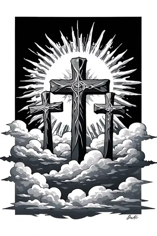 3 Crosses with clouds around and the sun tattoo design idea