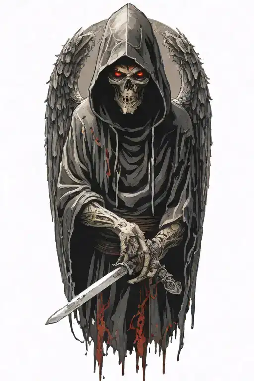 angel of death, with black wings, in a black tattered cloak with a hood, with red eyes with a glare from a katana tattoo design idea