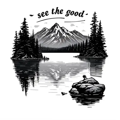 lake and mountain scene featuring the words "see the good".  this is a symbolance for my recovery tattoo design idea