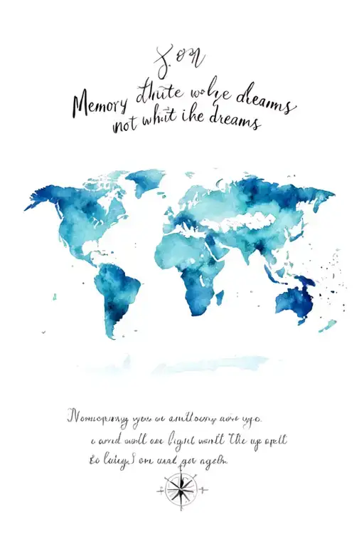 world map mountains compass with text white memory not white dreams tattoo design idea