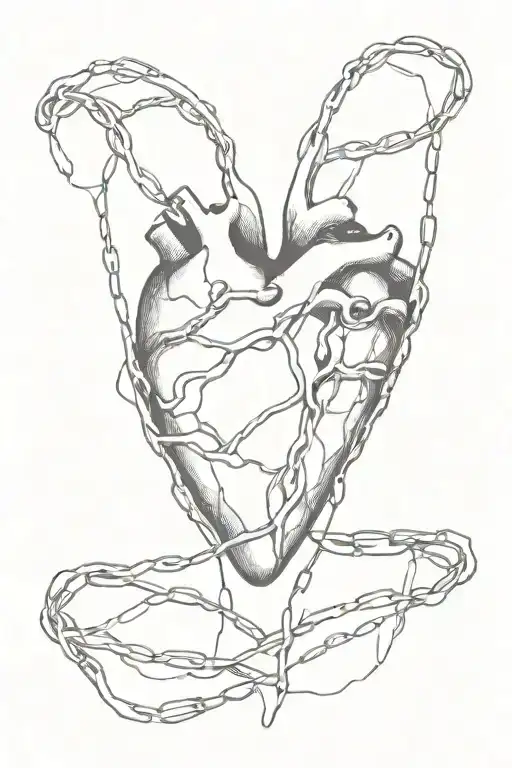 melting heart with fine, faded lines and a wire chain around it tattoo design idea