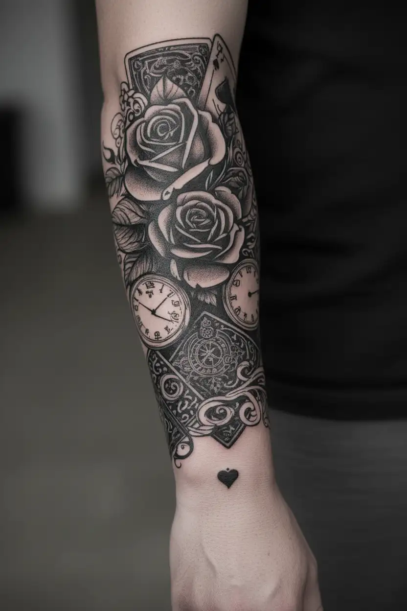 deck of cards with the quote life is a gamble , roses , money , and clocks , dice tattoo design idea