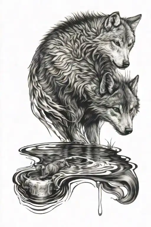 Baby wolf looking down into a river and seeing a reflection of an adult wolf in the water. realistic tattoo design idea