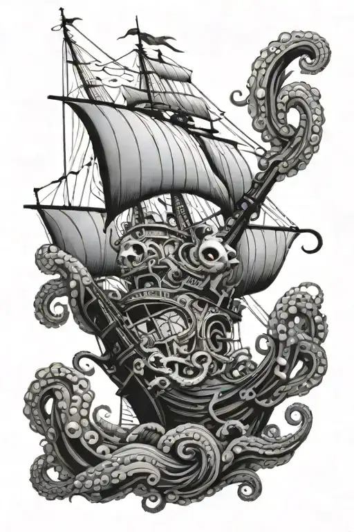 octopus ship sailing tattoo design idea