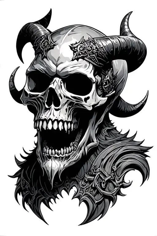 lich king skull with horns, open mouth tattoo design idea