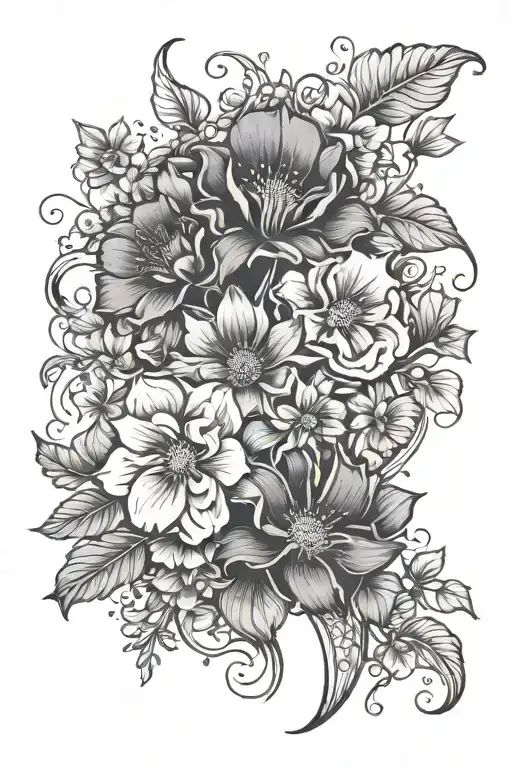 Black and white back spinal tattoo including flowers violet, rose, morning glory, chrysanthemum, cosmos and ivy leaves tattoo design idea