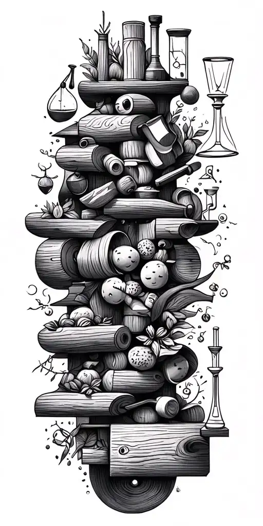 collage narrative of elements of science, woodworking, symbols of family,whimsy, geometric, funny scene, resilience tattoo design idea