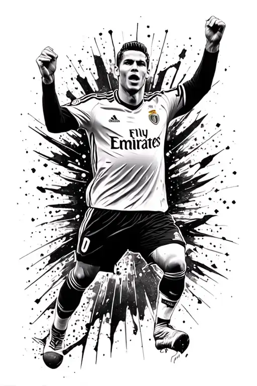 tattoo sketch of silhouette of Cristiano Ronaldo celebrating in blackwork style, black image with white light spo tattoo design idea