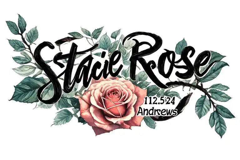 "Stacie Rose Andrews - 11.25.24" name written tattoo design idea