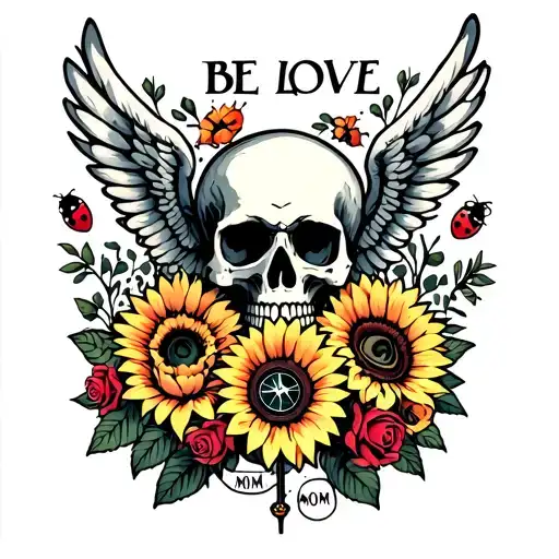 "BE LOVE" skull with wings roses sunflowers and lady bugs compass and the word MOM  tattoo design idea